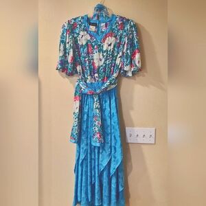 Vintage Diane Fres' Floral Georgette Gown Beaded Sequined Matching Scarf/Belt